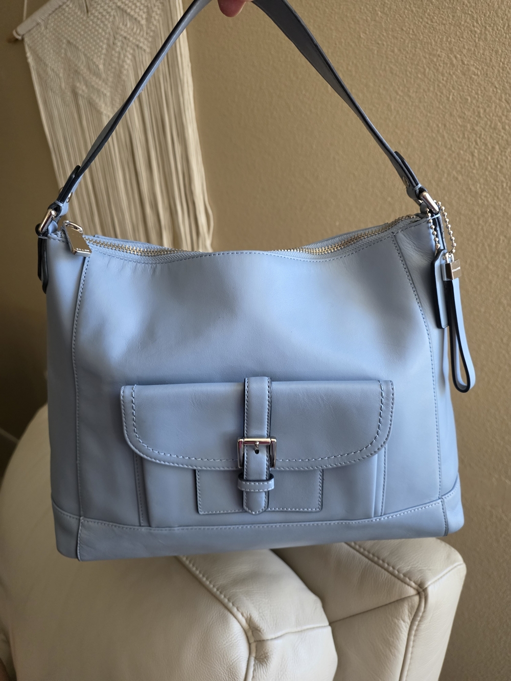 Coach Light Blue Leather Shoulder Bag with Front Buckle Pocket